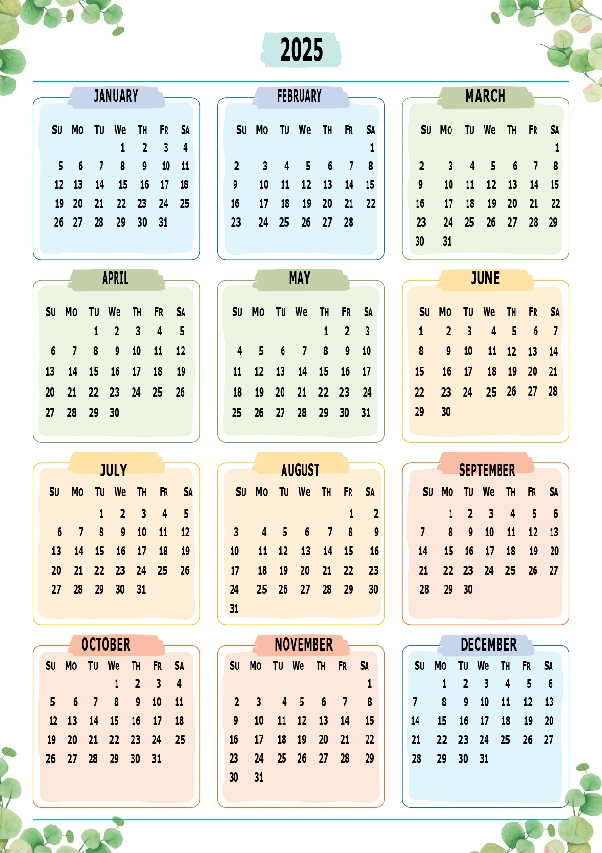 2025 Free Printable Yearly Calendar