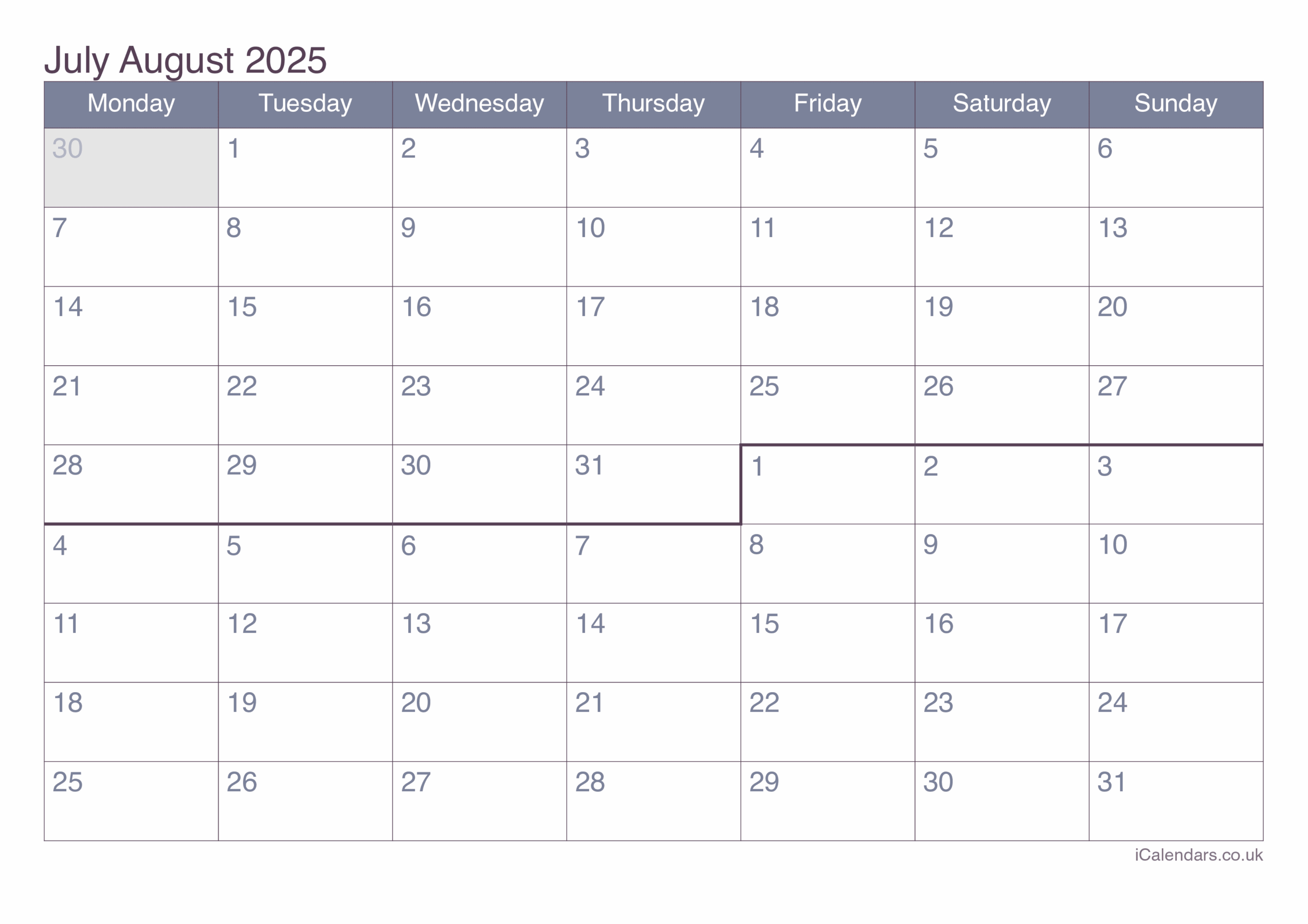 August 2025 Calendar Uk