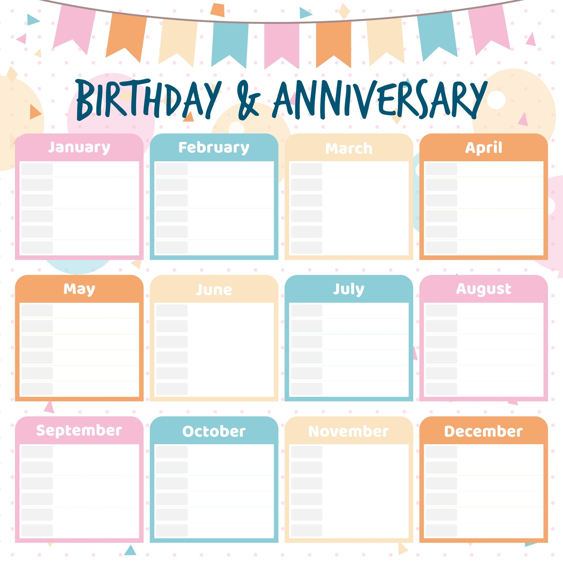 Birthday And Anniversary Calendar Printable