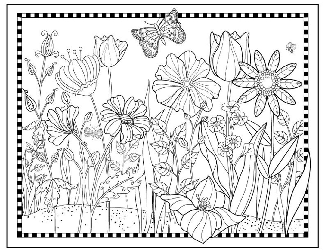 Printable Flower Garden Coloring Page flowers To Color Magical Garden pretty Floral Butterfly Art Digital Download Fun To Color Etsy