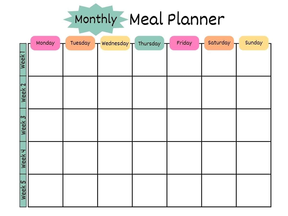 Blank Meal Calendar Months Printable