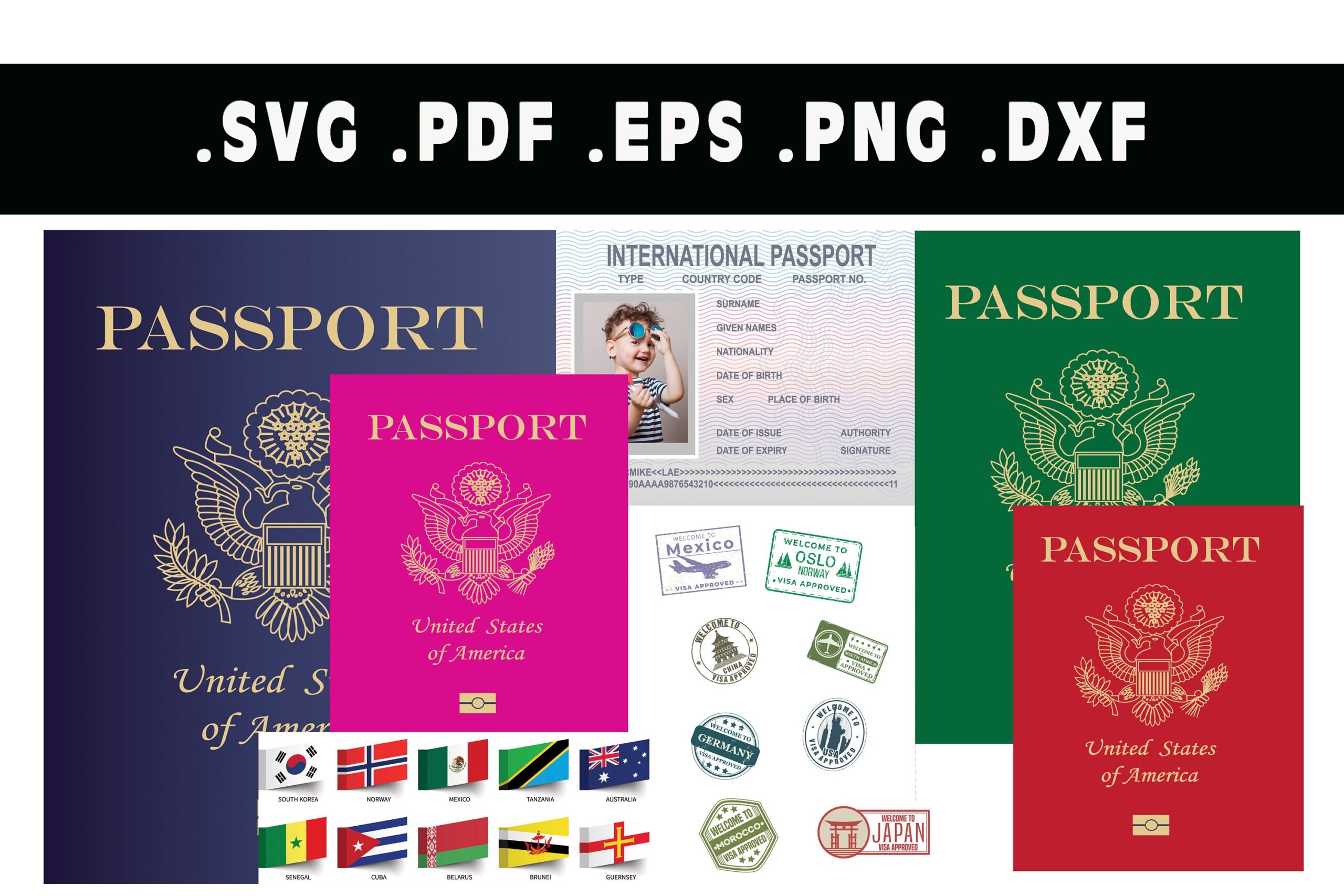 Printable Pretend US Passport With Stamps Visas And World Flags USA Passport Vector Silhouette Cricut File Clipart Cuttable Design Svg Etsy
