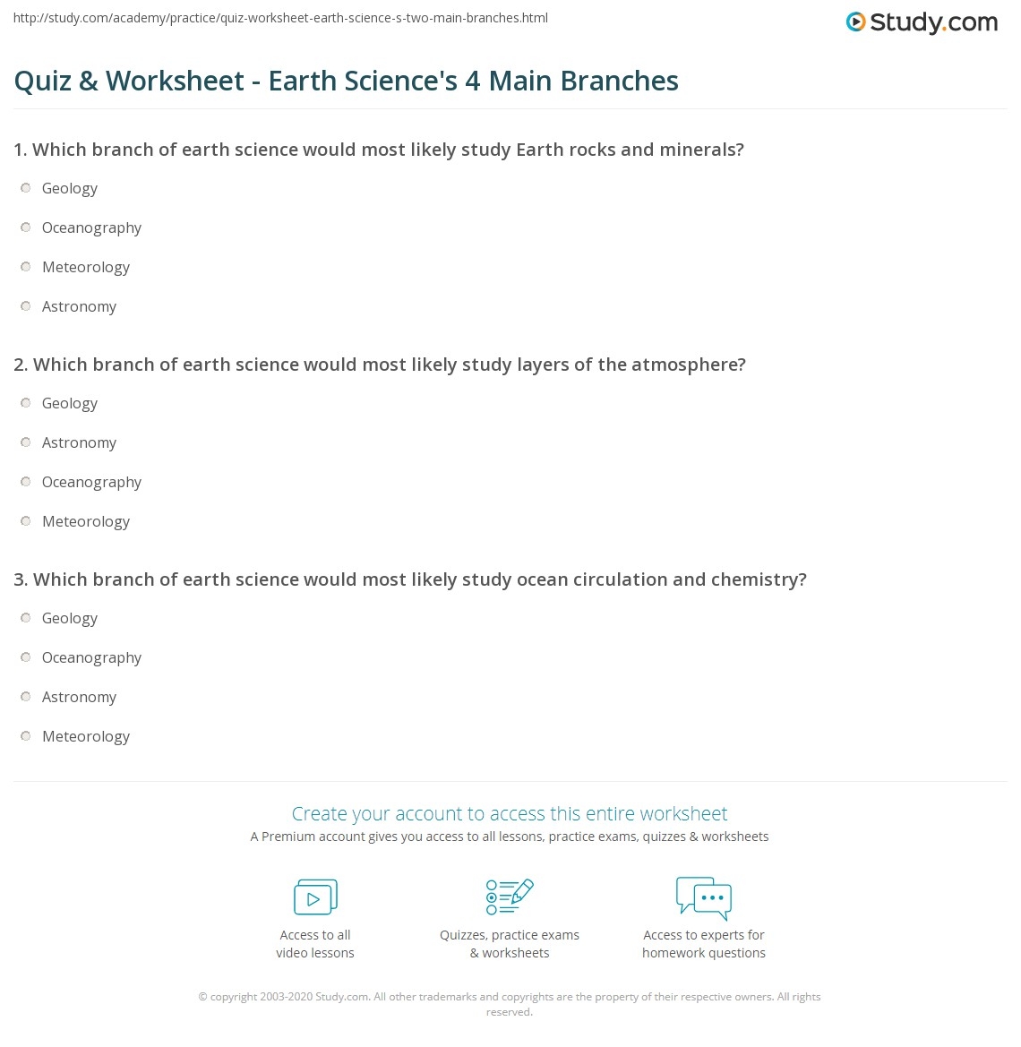 Quiz Worksheet Earth Science s 4 Main Branches Study