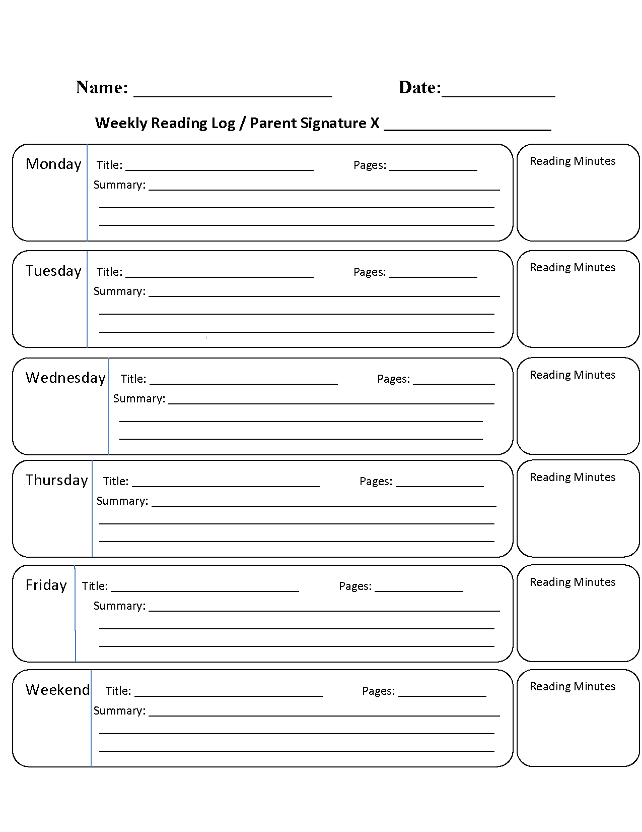 Reading Logs Weekly Reading Log