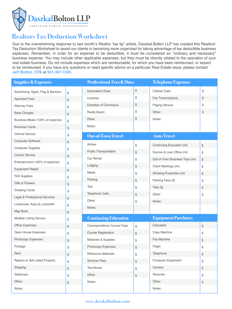 Realtor Tax Deduction Checklist Printable Fill Online Printable Fillable Blank PdfFiller