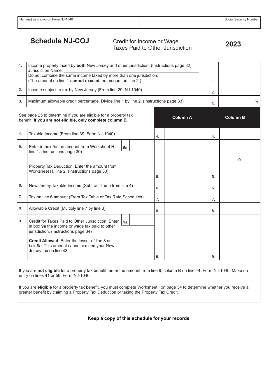 Schedule NJ COJ Download Fillable PDF Or Fill Online Credit For Income Or Wage Taxes Paid To Other Jurisdiction 2023 New Jersey Templateroller