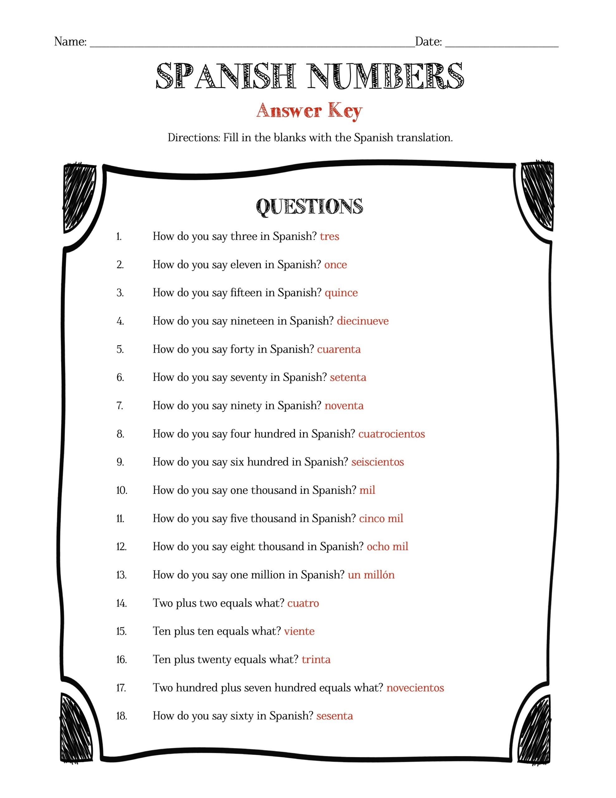 Spanish Numbers Information Sheet Worksheet Answer Key Made By Teachers