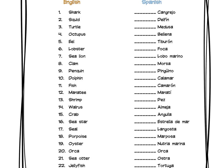 Spanish Sealife Vocabulary Matching Worksheet Answer Key Made By Teachers