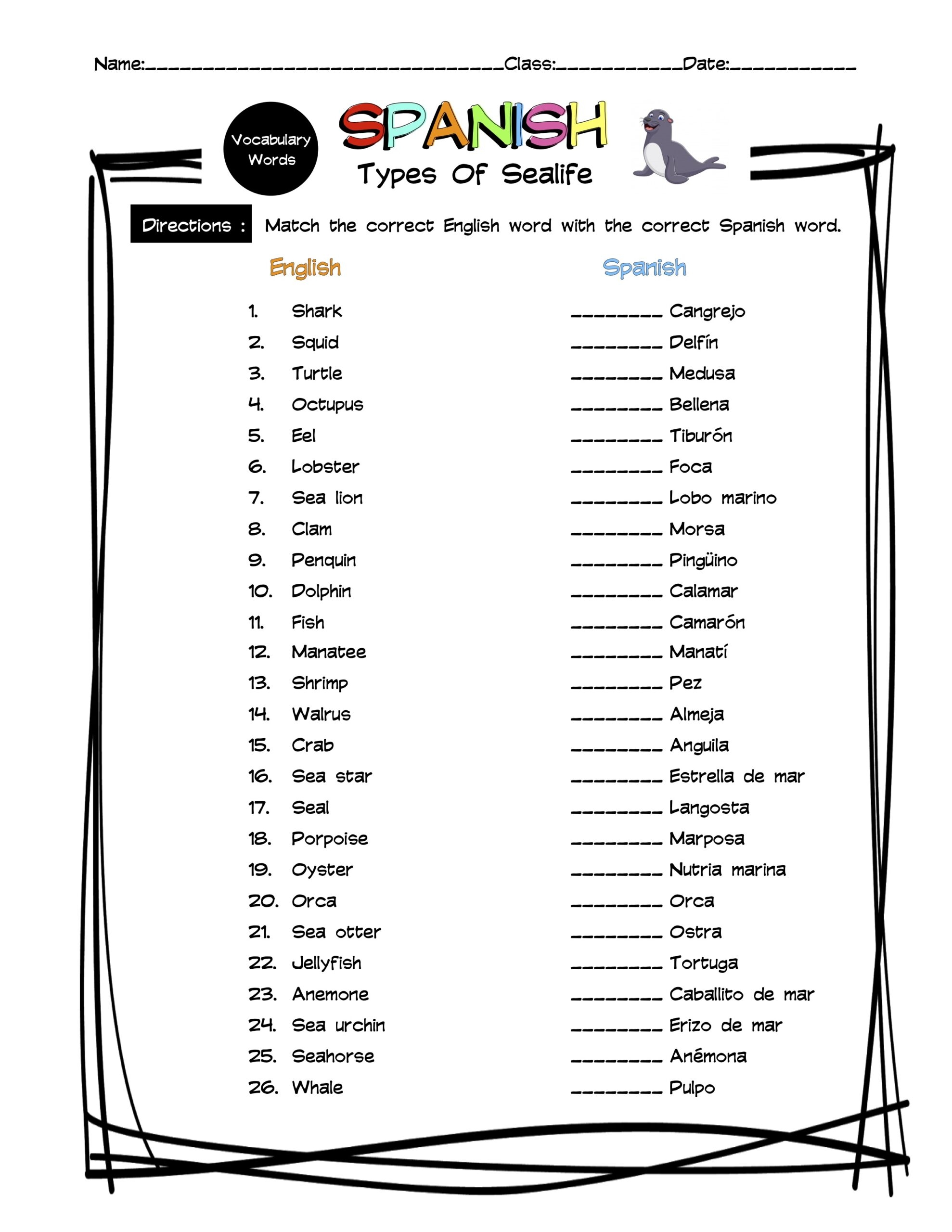 Spanish Sealife Vocabulary Matching Worksheet Answer Key Made By Teachers