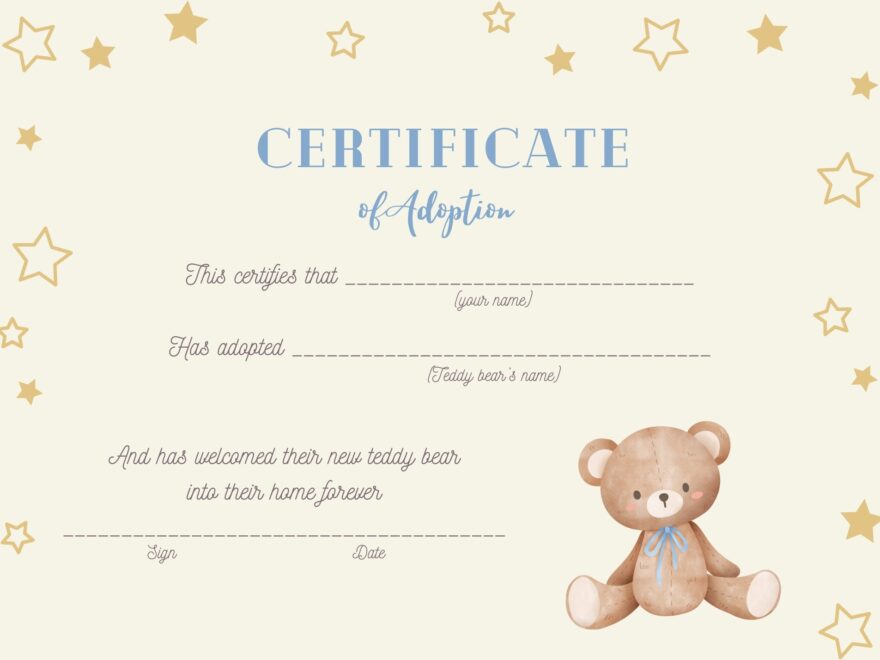 Teddy Bear Adoption Certificate Digital PRINTABLE Boys And Girls Party Decor Adopt A Bear Adopt A Teddy Certificate Etsy