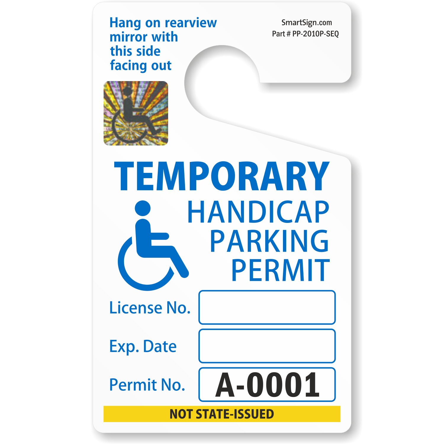Temporary Handicapped Parking Permit Hang Tag Blue Numbered SKU PP 2010P SEQ