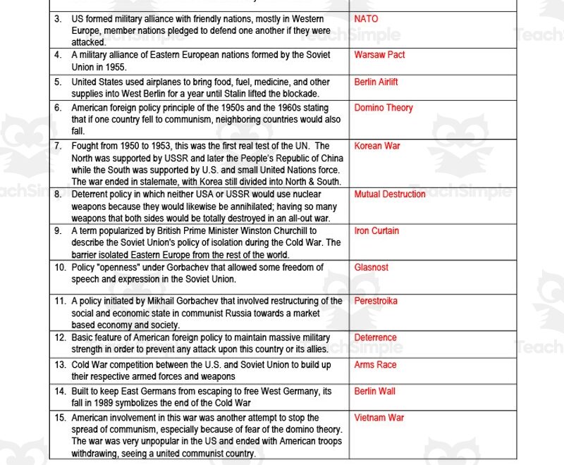 The Cold War Terms Worksheet By Teach Simple