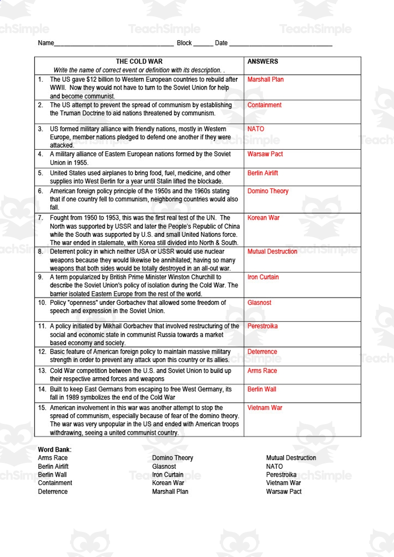 The Cold War Terms Worksheet By Teach Simple