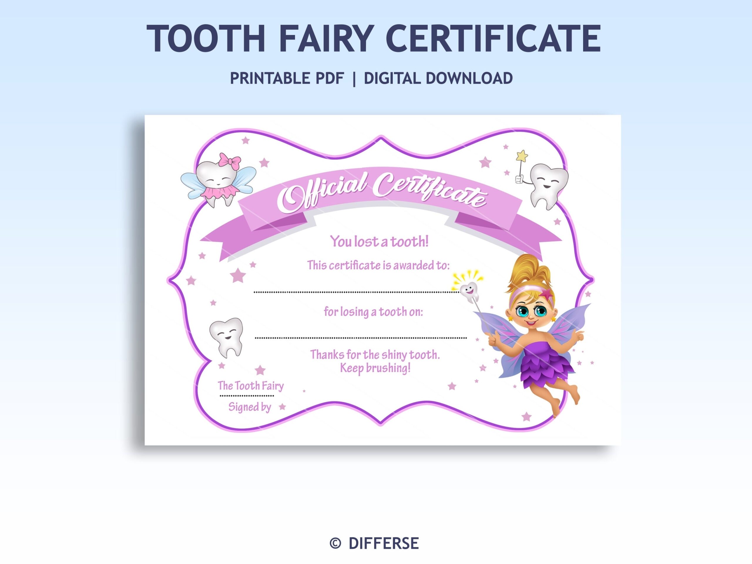 Tooth Fairy Certificate Girl Printable