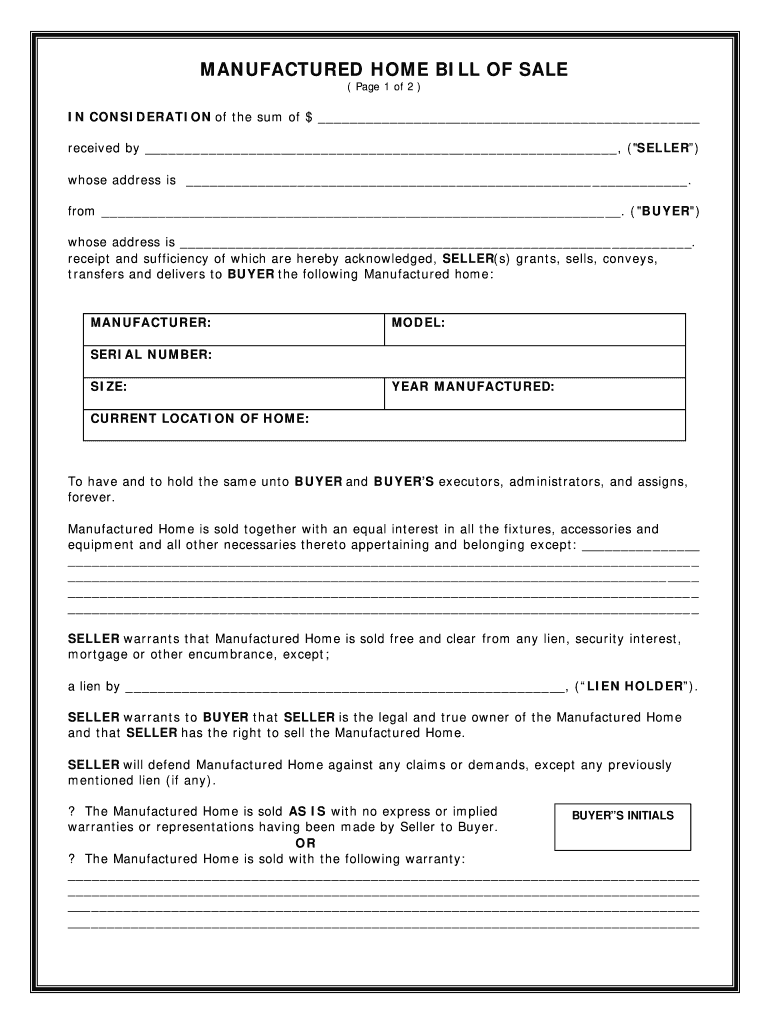 Trial Bill Of Sale For Mobile Home Fill Online Printable Fillable Blank PdfFiller