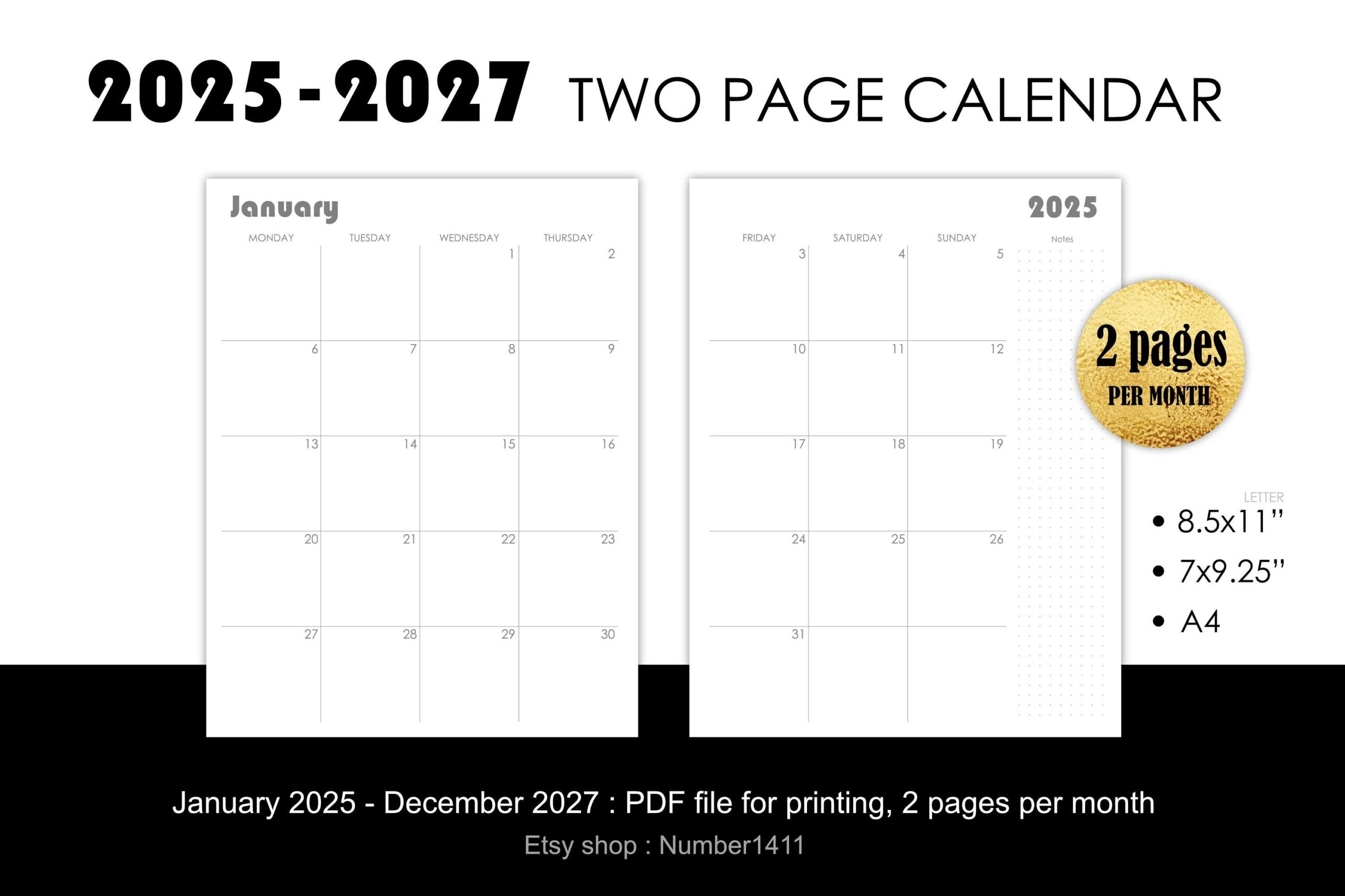 Two Page Calendar 2025 2027 Printable Monthly Planner Calendar For 24 Months 2 Years Start Monday L 8 5x11 letter 7x9 25 A4 Etsy