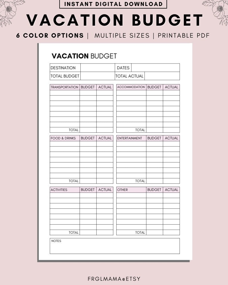 Free Printable Vacation Budget Worksheet