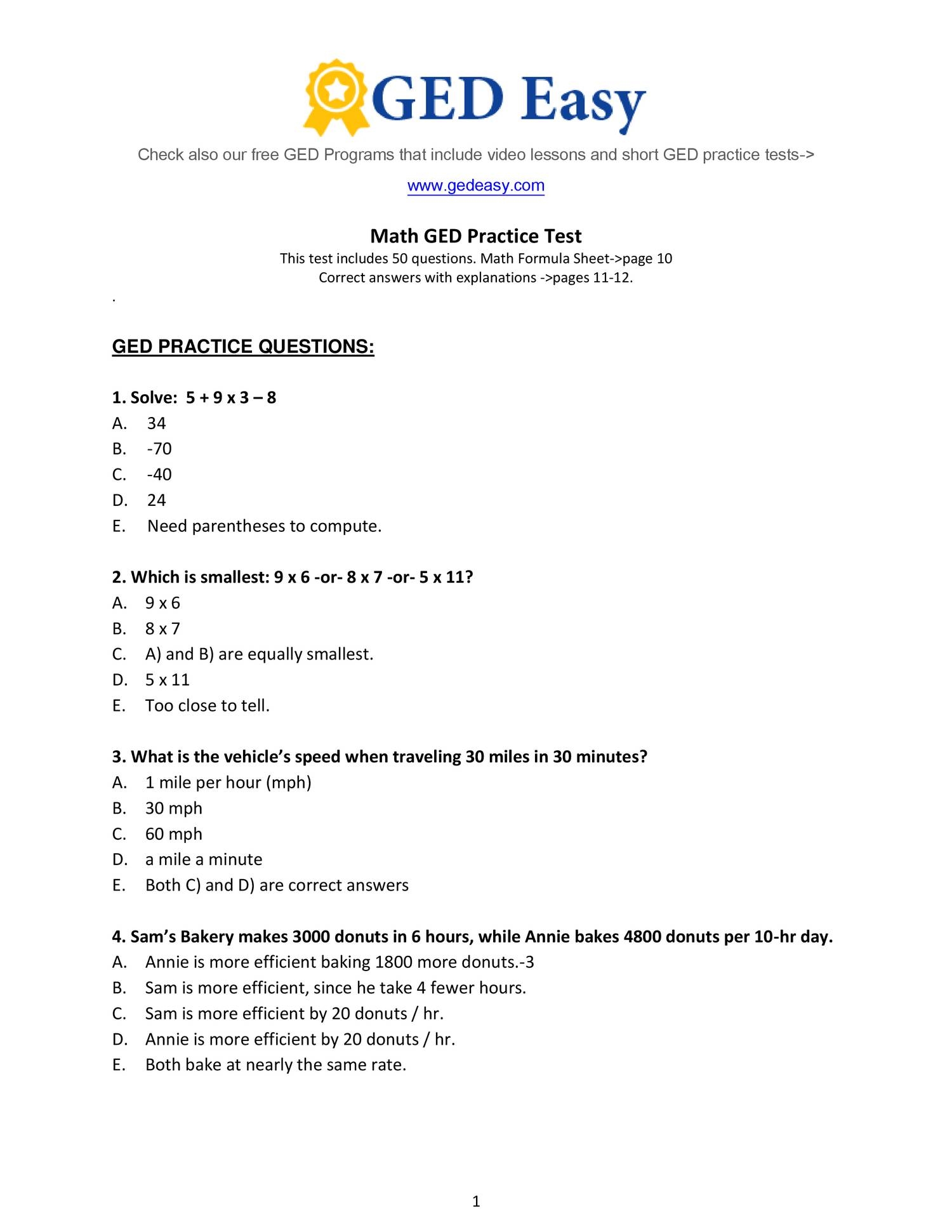 Printable Ged Math Practice Worksheets