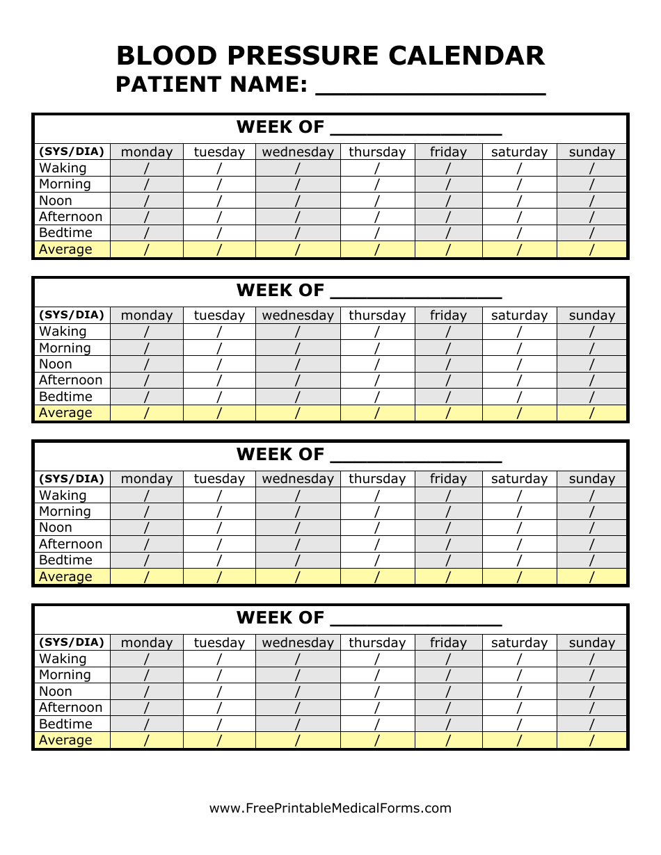 Weekly Blood Pressure Calendar Template Download Printable PDF Templateroller