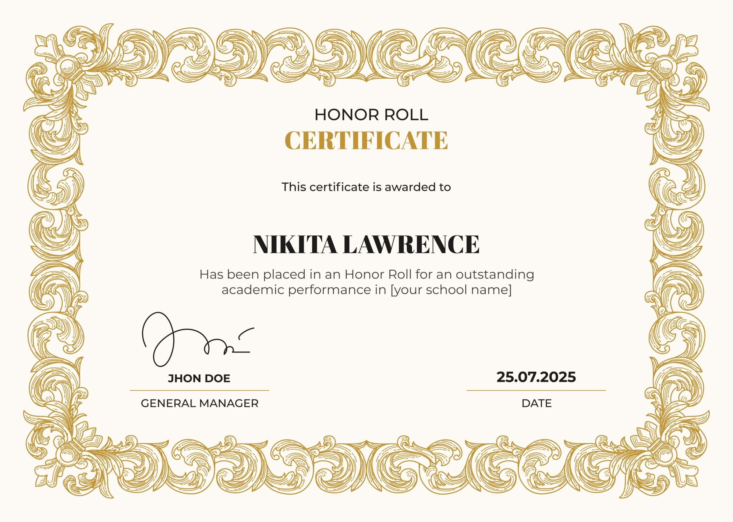 A B Honor Roll Certificate Printable Free